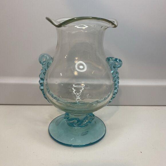 Vintage Hand blown Aqua Blue Glass Pedestal Vase With Applied Waves Handles - Picture 1 of 8